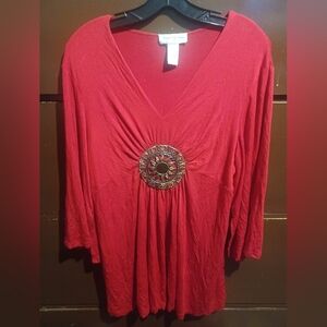 Red Ruched Blouse with Embellished Details (A)